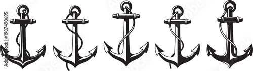 Collection of nautical anchors a black and white illustration