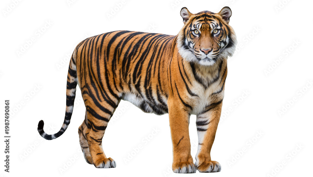 Obraz premium Majestic Bengal tiger with orange and black stripes standing alert, isolated on transparent background