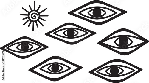 Mystical eyes and sun symbol a collection of hand drawn illustrations