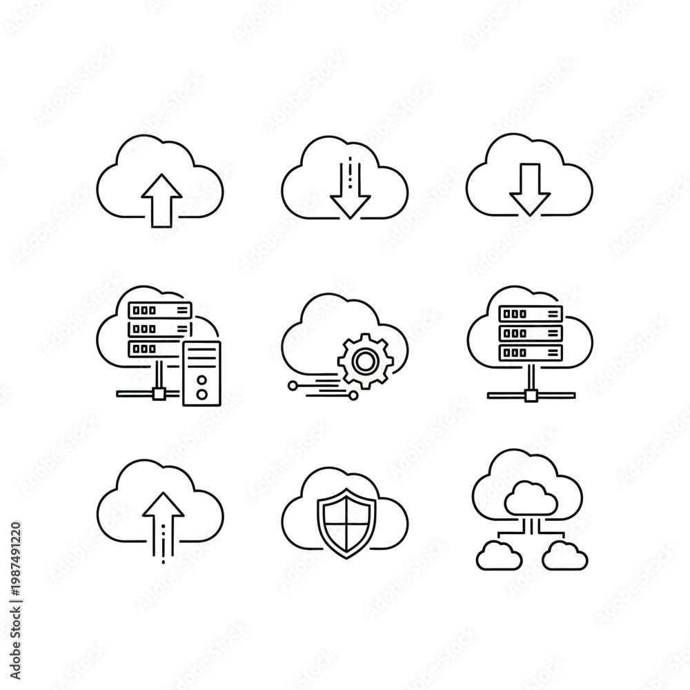 Fototapeta premium Cloud computing and data transfer icons set against a white background