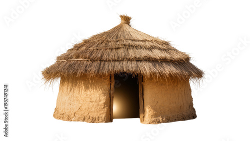 фотографія Traditional thatched mud hut with conical roof, isolated on transparent backgrou
