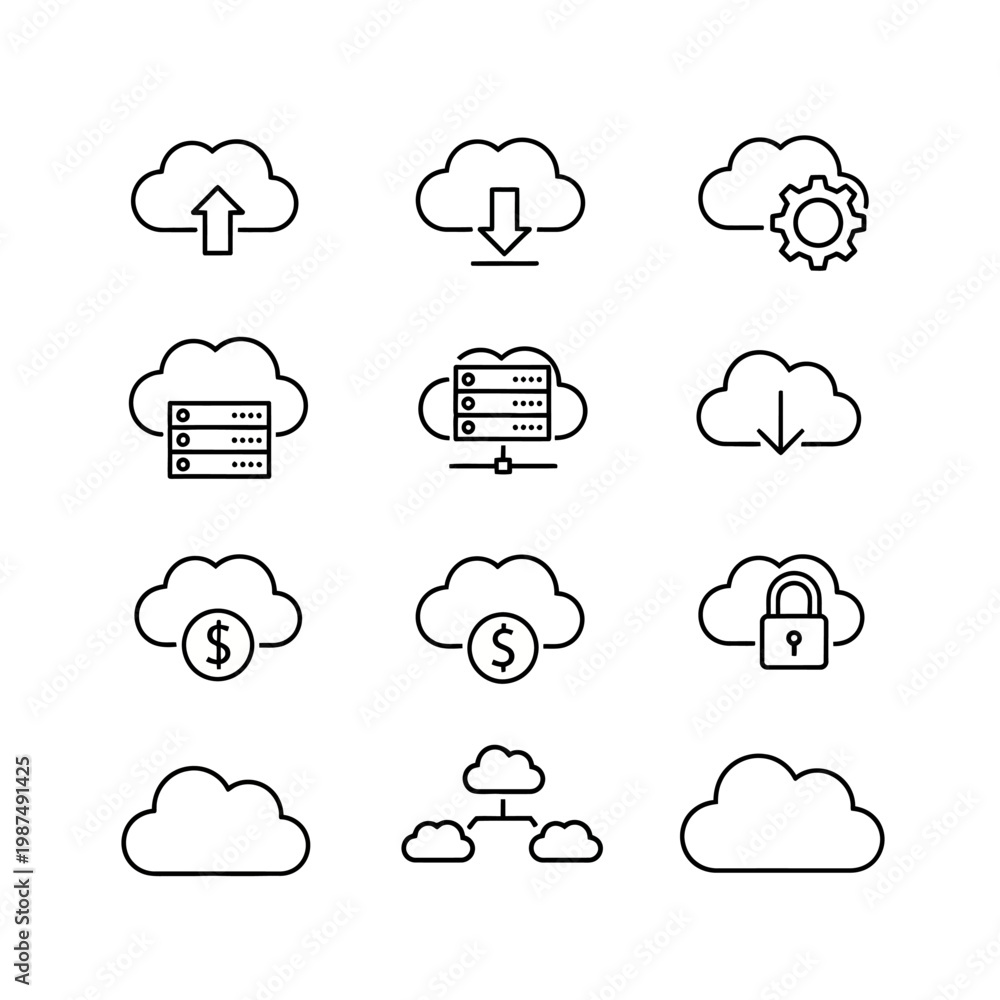 Fototapeta premium Cloud computing icons vector set illustrating data storage and online services