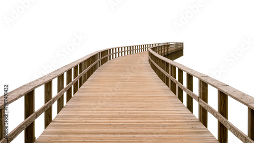 Cuadro en lienzo Curving wooden boardwalk with railings, isolated on transparent background