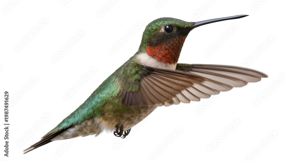 Fototapeta premium Ruby-throated hummingbird with iridescent green feathers red throat and wings spread, isolated on transparent background