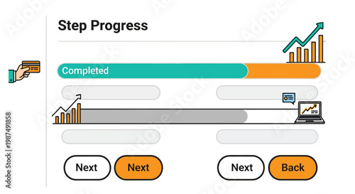 Modern vector illustration of a digital user interface featuring interactive progress bars and navigation buttons