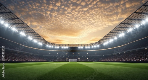 A wide angle view from the center of a professional football pitch looking towards the goalpost with a dramatic cloudy sunset sky above the massive empty stadium seating area tonight