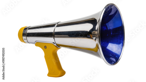 Shiny chrome megaphone with yellow handle and blue interior, isolated on transparent background
