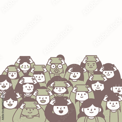 Crowd of diverse people holding up smartphones, capturing moments, social media concept.