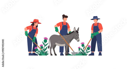 Three farmers planting flowers with donkey in a rural field