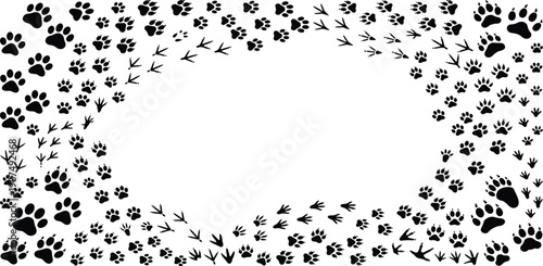 A playful collection of paw prints and bird tracks creating a whimsical border around a white negative space perfect for custom text or designs