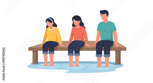 Children Sitting on Pier with Feet in Water Calm Marine Scene
