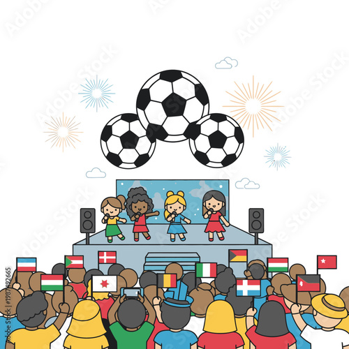 Children singing on stage with soccer balls and international flags, celebrating sports event