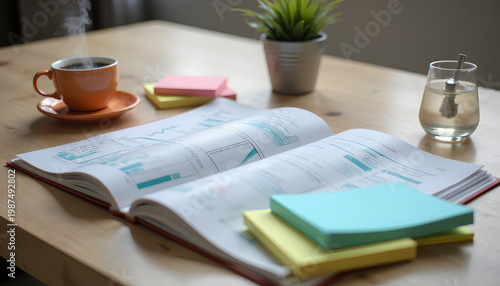 Study desk with open book, hot coffee, water, and sticky notes