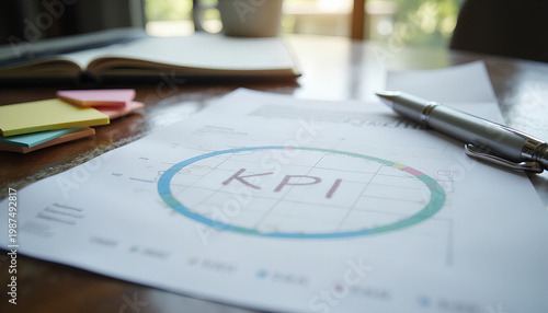 Close-up of a document with KPI, pen, and sticky notes on a desk