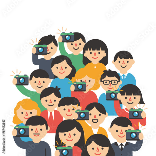 Diverse group of people taking photos with cameras, illustration, community, social media