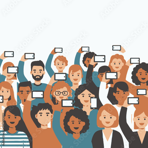 Diverse crowd of people holding up smartphones, capturing moments, social media concept