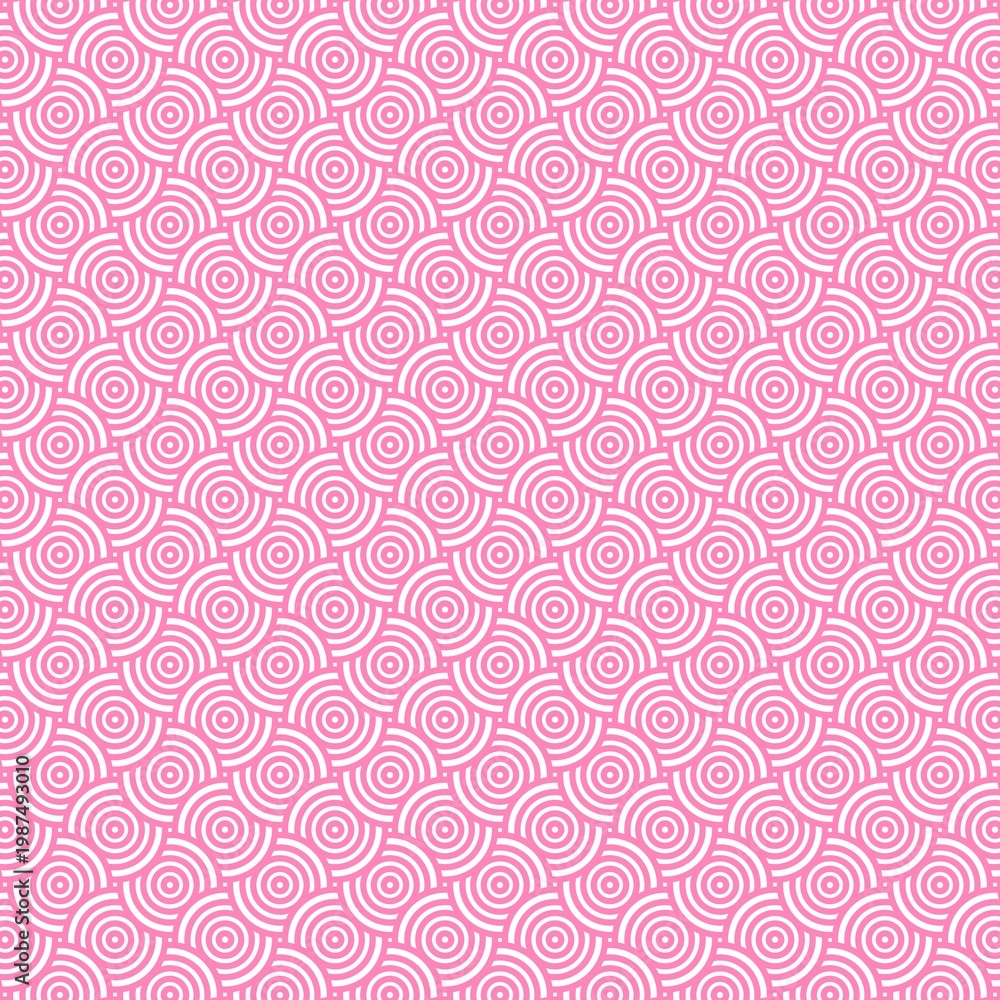 Fototapeta premium Seamless geometric pattern with pink and white concentric circles, modern abstract background with repeating circular shapes, ideal for wallpaper, textile, packaging, and surface design