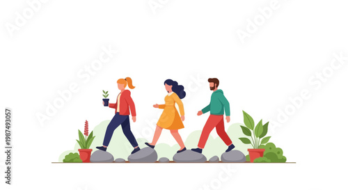 Illustration of Three People Hiking with Plants and Rocks