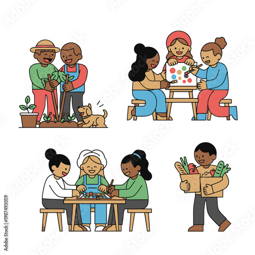 Diverse people enjoying community activities: gardening, painting, board games, and shopping.