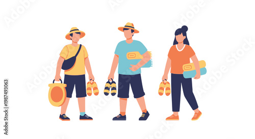 Group of People Walking on Beach with Sun Hats and Bags