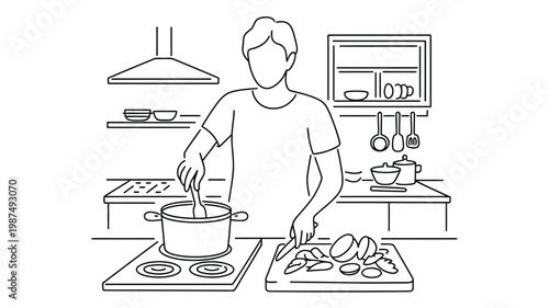 Modern Minimal Line Art of Man Cooking in Kitchen with Utensils, Clean Outline Vector Illustration