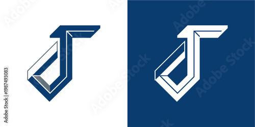 This image features an abstract, three-dimensional geometric design resembling the letter 'j'. it is presented in two versions: one with dark blue and gray elements on a white background