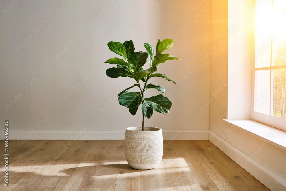 Fototapeta premium Indoor Plant by a Window With Sunlight Casting Shadows on Wooden Floor