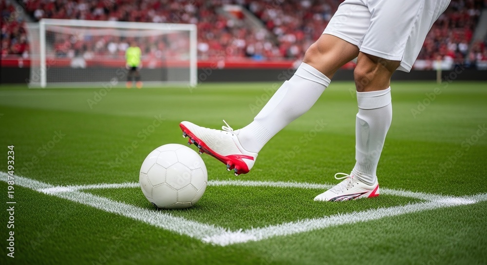 Obraz premium A professional soccer player wearing white uniform and specialized cleats prepares to take a corner kick on a bright green grass pitch with the goal post visible in the background