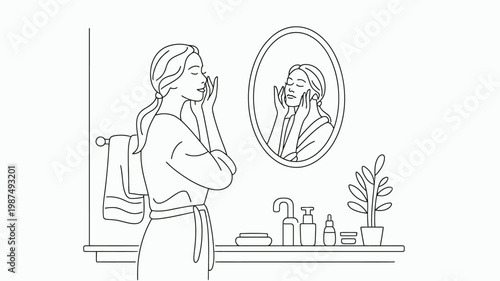 Modern Minimal Line Art of a Woman Applying Skincare Products in the Bathroom, Daily Routine Clean Outline Vector Illustration