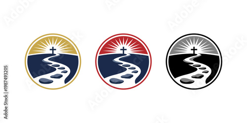 These three distinct circular logos depict a winding path made of stepping stones ascending towards a cross on a hill. a radiant sunburst illuminates the background