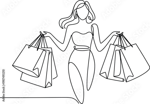 Modern Minimal Line Art of Woman Holding Multiple Shopping Bags, Clean Outline Vector Illustration
