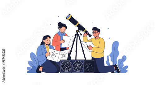 Group of Young Astronomers Exploring Space with Telescope