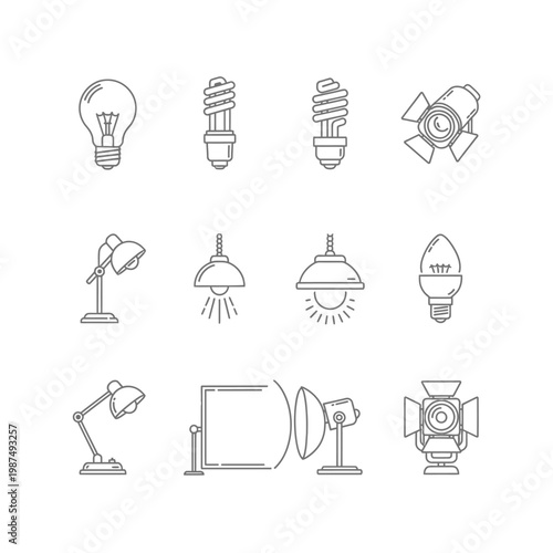Collection of various light bulbs and lamps in modern line art style