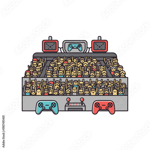 Excited Crowd Cheering at Esports Arena with Video Game Controllers and Screens