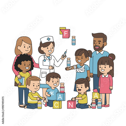 Nurse Administering Vaccine to Child Surrounded by Family and Toys