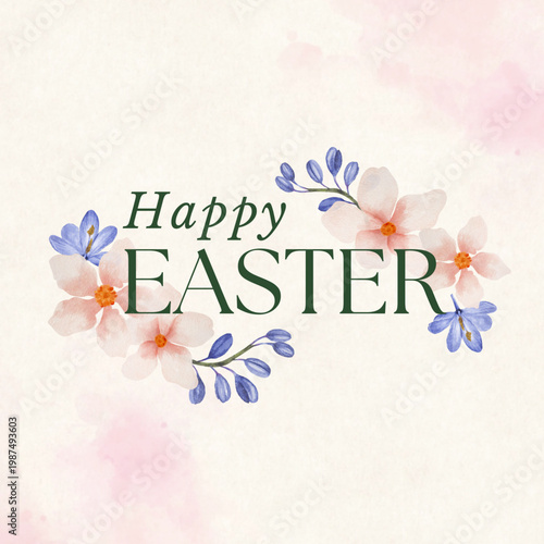 Happy Easter Floral Greeting Card Design with Spring Flowers on Soft Background