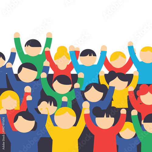 Diverse Crowd Cheering with Raised Hands - Flat Design Illustration