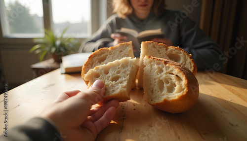 First-person view of hand holding fresh bread, person reading