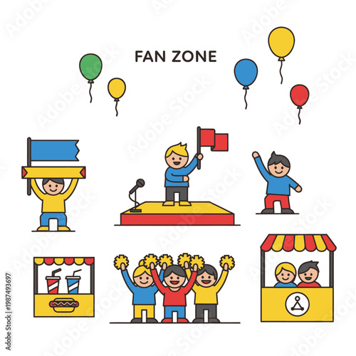 Fan Zone Celebration with Balloons, Flags, and Food Stalls