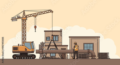 Construction Site Illustration Showcasing Crane, Building, and Worker Working Together on Pipes