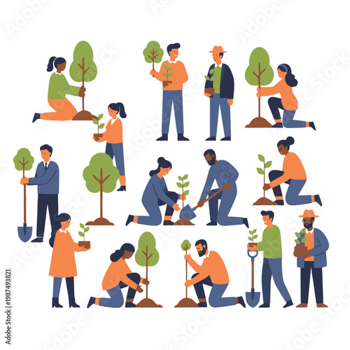Diverse People Planting Trees and Saplings, Environmental Conservation Concept