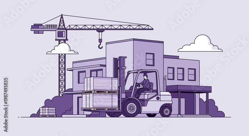 Construction Site Illustration Showcasing Crane, Buildings, and Forklift with Materials