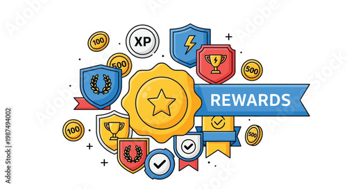 Modern vector illustration of gamification awards, badges, and coins representing achievements and recognition