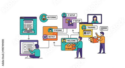Detailed vector illustration of a structured employee onboarding process showcasing new hire integration workflow.