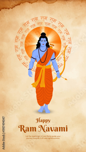 Lord Rama depicted in vibrant illustration for Ram Navami celebration.