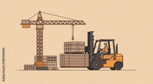 Construction Site Illustration Showcasing Crane, Forklift, and Building Material Delivery