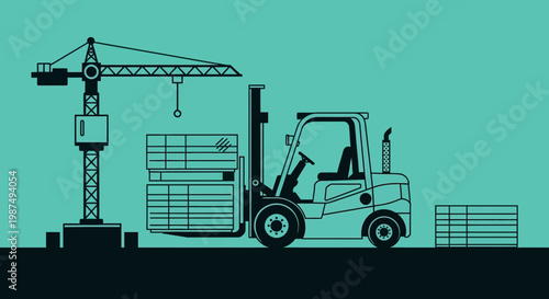Construction Site Illustration Showcasing Crane, Forklift, And Material Handling Activity