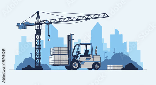 Construction Site Illustration Showcasing Crane, Forklift, and Urban City Skyline Scene in Blue