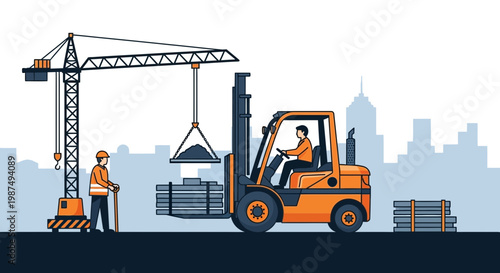 Construction Site Illustration Showcasing Crane, Forklift, and Workers at Work, Blue Tones