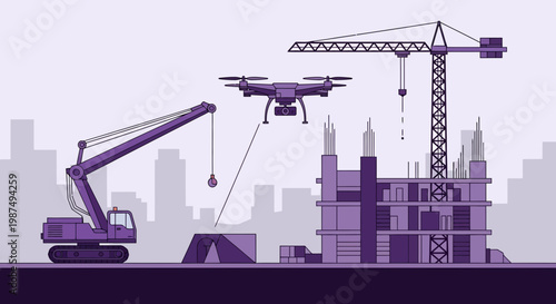 Construction Site Illustration Showcasing Modern Technologies with Drone and Purple Tones